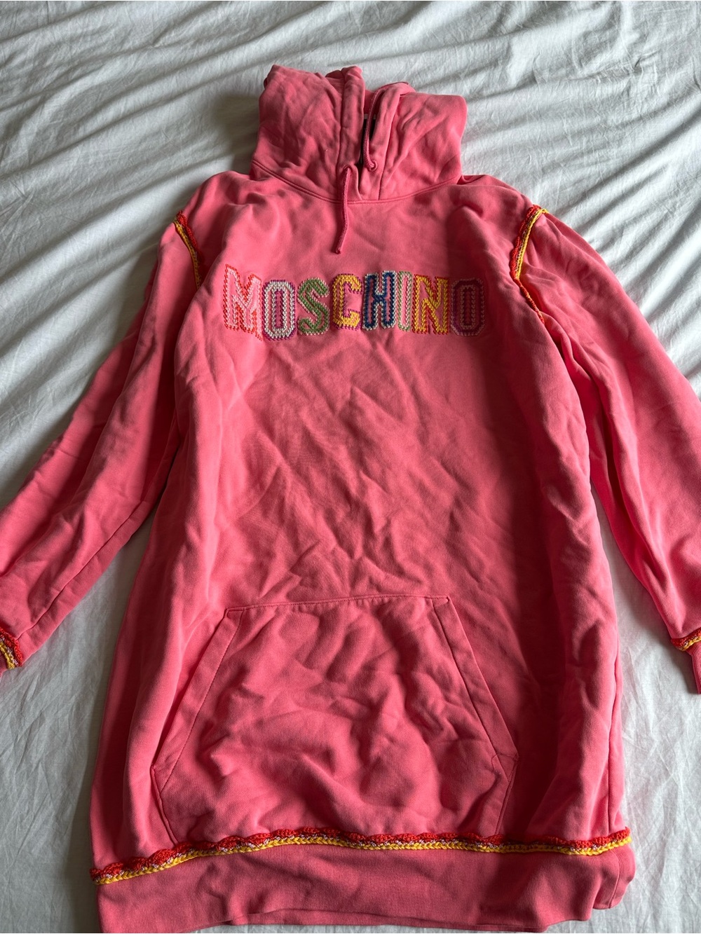 Moschino Pink Hoodie Dress with Multicolor Embroidered Logo